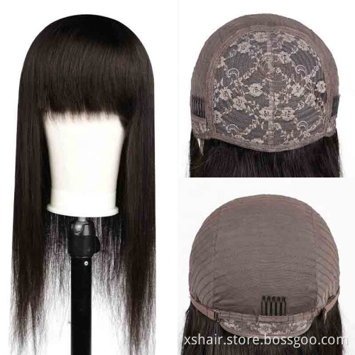 Straight machine made wig Body Wave Human Hair Wig With Bangs 100% indian human hair none lace wigs